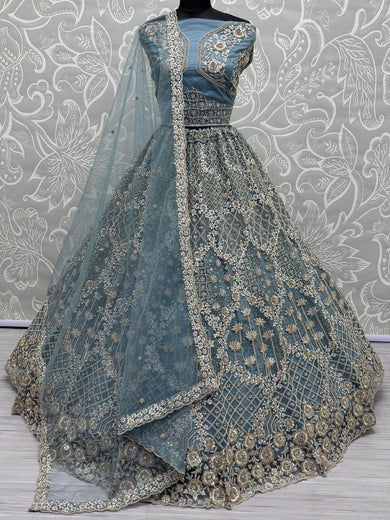 Adorable Blue Thread Work Net Bridesmaid Lehenga Choli With Dupatta - Ethnic Plus In